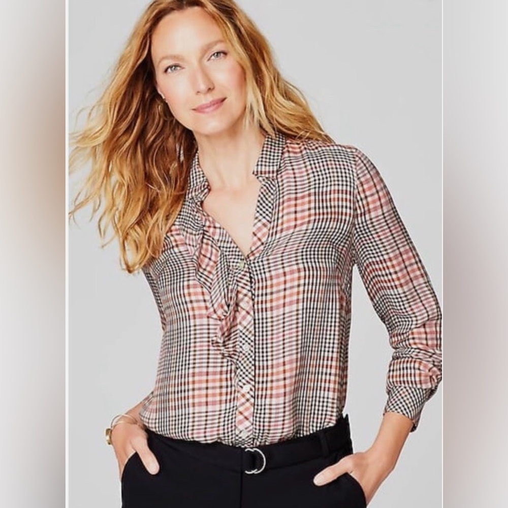 J.Jill Women’s Size Large Plaid Ruffle Front Blouse - EUC